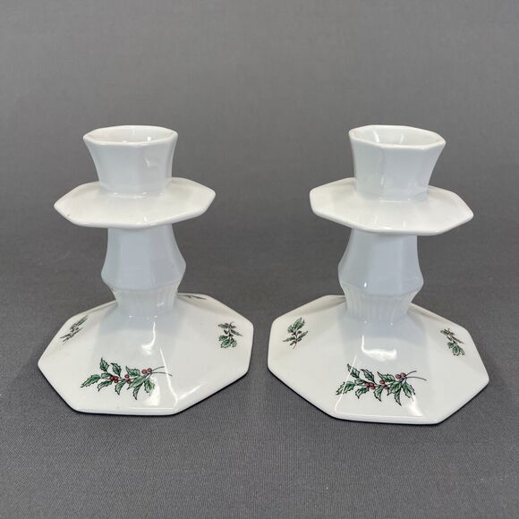 Nikko Christmastime Candlestick Holders 3 7/8" Set of 2 Holly and Berries - Picture 3 of 8